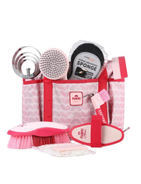 9PCS Horse Grooming Kit Curry Comb Sweat Scraper Horse Bathing Supplies Grooming Tools with Storage Bag Pink Garnet