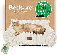 Bedsure Cute Couch for Pets - Fluffy Pet Sofa with Premium Soft Corduroy Fleece, Fuzzy Cat Beds for Indoor Cat with Removable Washable Cover, Supportive Pet Chair, 24inch, Cream