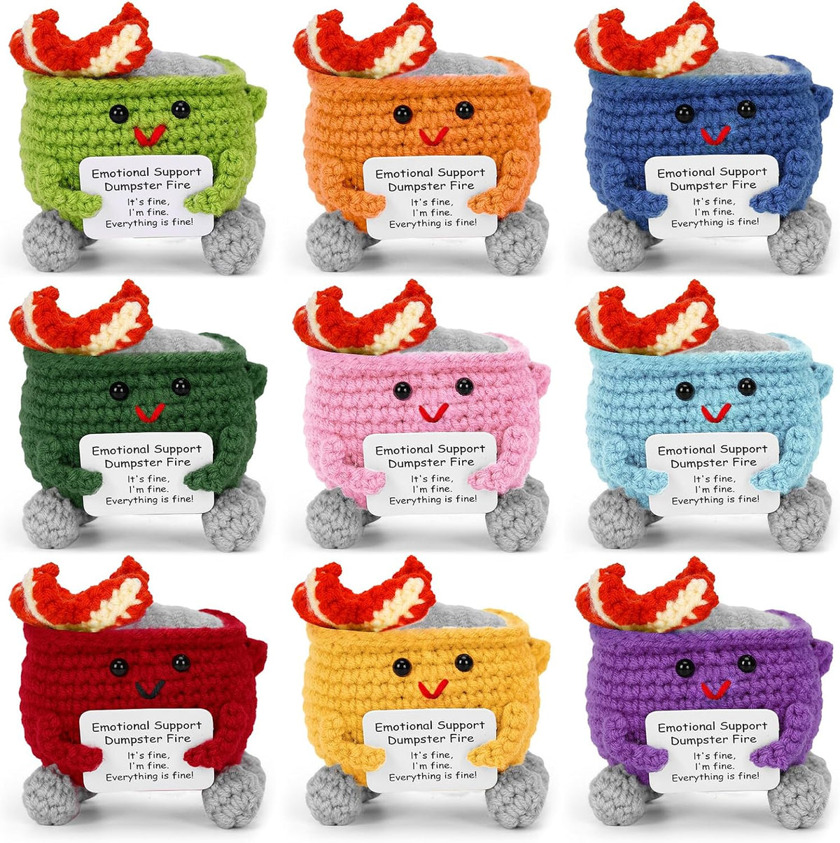 Megele 7-pack crochet dumpster fire desk figures in different colors with positive cards - view 2