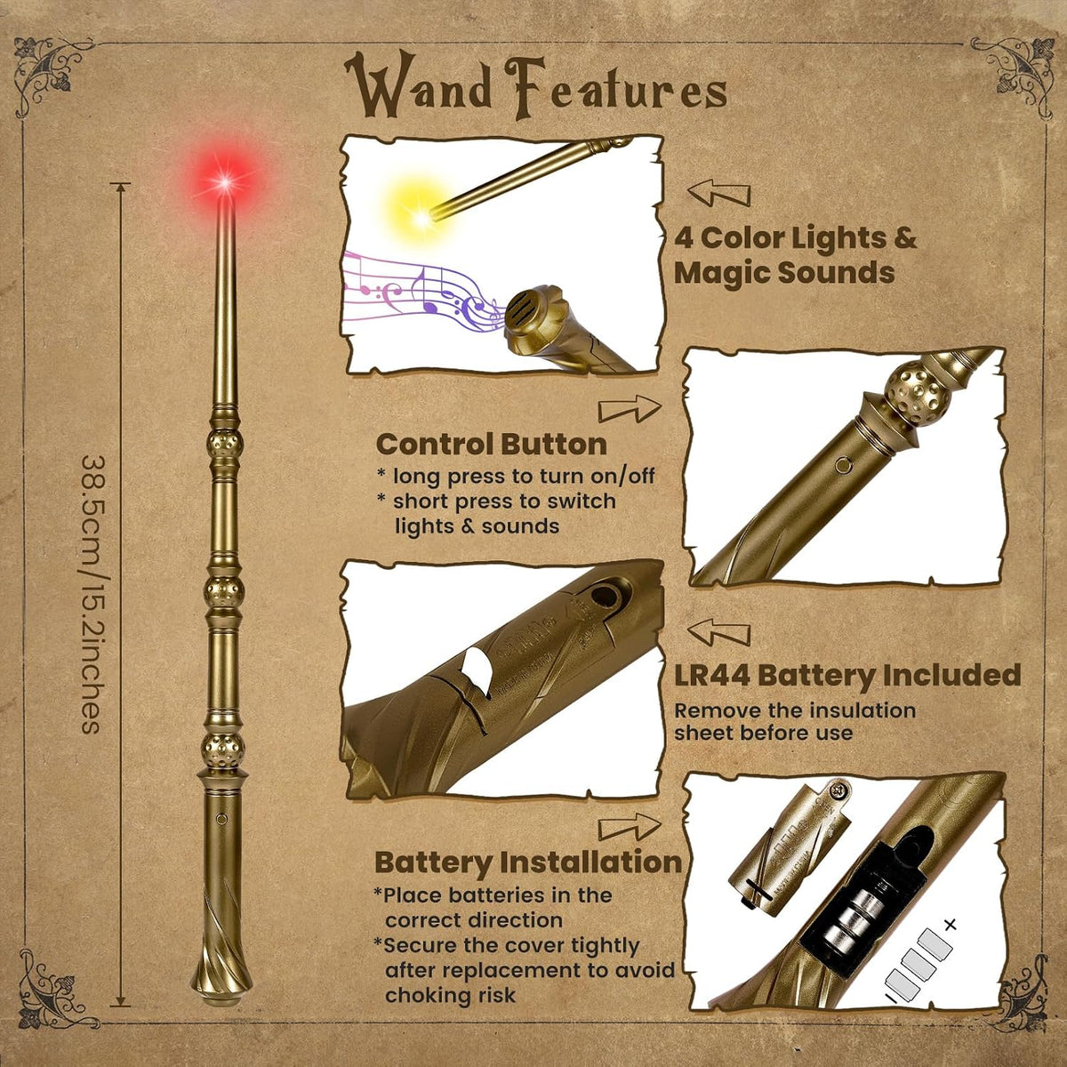 KingVows Light Up Magic Wizard Wand with 4 Color Lights & Sound - Golden & Silver - image 3
