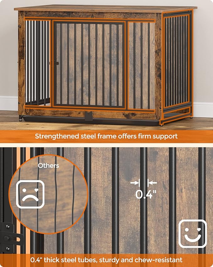 Feandrea Dog Crate Furniture, 38 Inches Dog Kennel for Dogs up to 70 lb, with Removable Tray, Heavy-Duty Dog Cage End Table, Double Doors Dog House, Rustic Brown UPFC013X01