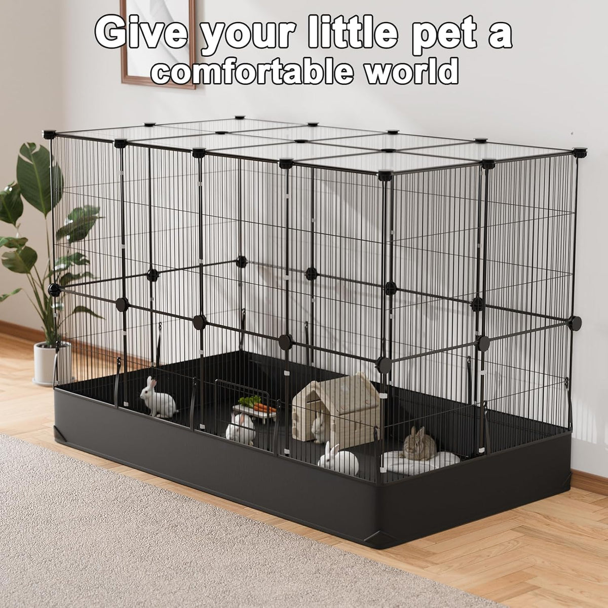 Guinea Pig Cage with Top Cover & 12 Panels - 24 Panels-with roof / Black - image 2