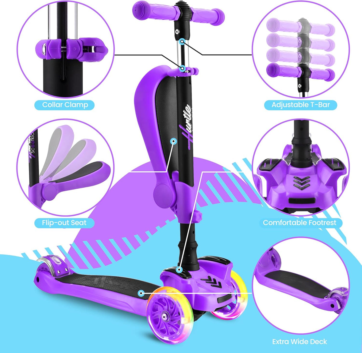 Hurtle 3-Wheeled Scooter for Kids, Wheel LED Lights - Purple - image 4