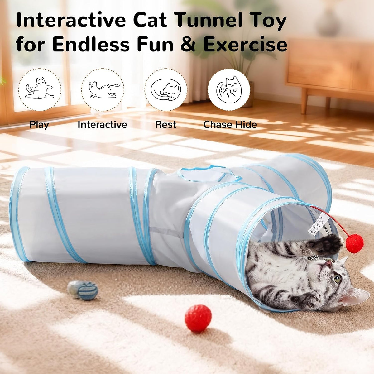 Tempcore Cat Tunnel, 3-Way Collapsible Toy for Indoor Cats - Light Grey & Blue / Large - image 4