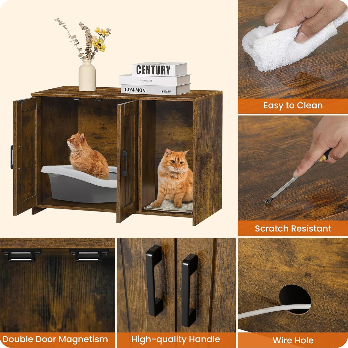 Cat Litter Box Enclosure, with Scratching Mat - Rustic Brown / 27.6"L x 18.2"W x 19.6"H - image 4