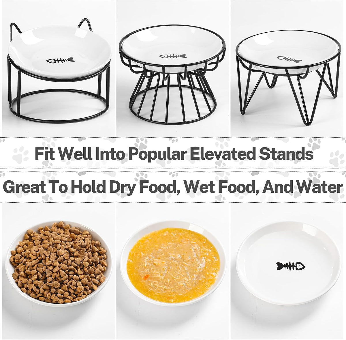 Cat Food Bowl, Whisker Friendly Ceramic Cat Bowls with Nonslip Silicone Bottom, Pack of 3 Quiet - Fishbone & Cat Paw 6 Pack - image 4