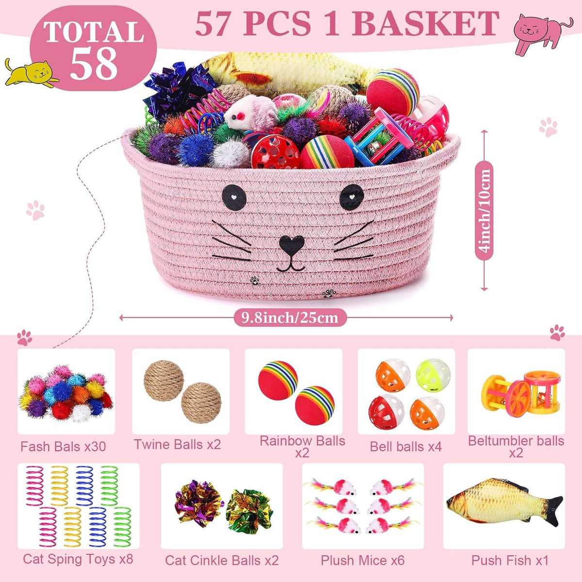 Zopeal 58 Pcs Cat Toy Set with Storage Basket Indoor, Grey - Pink / 9.8 Inch - image 2