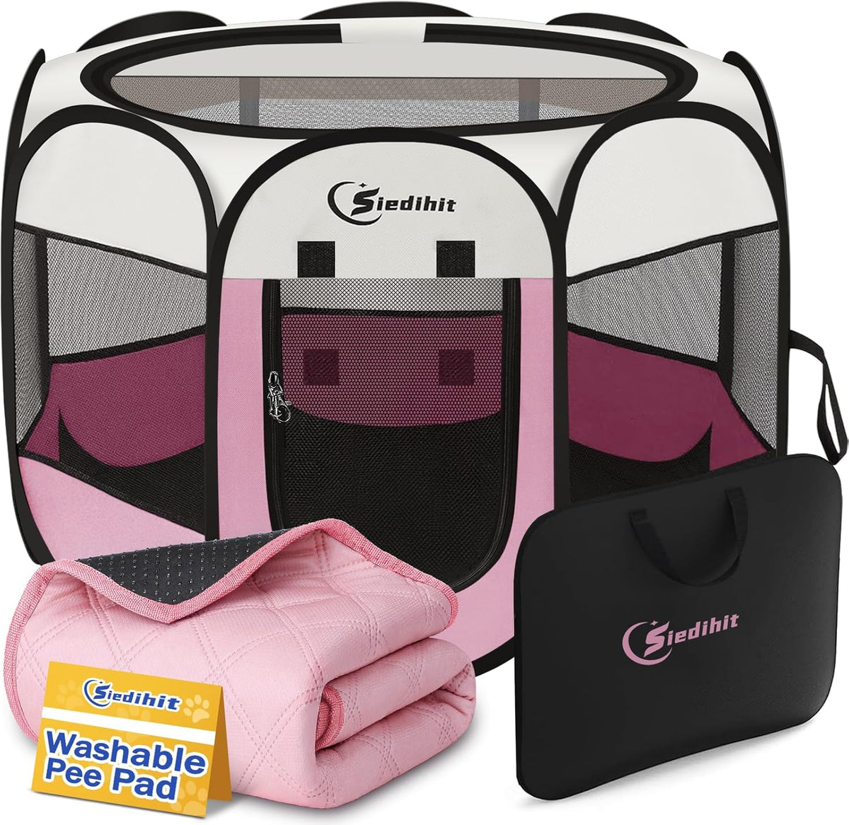 Siedihit Dog Cat Playpen, Puppy Pet Playpen Indoor for Small Dog Crate Tent Cage Outdoor, Portable - Pink with Pad / Small