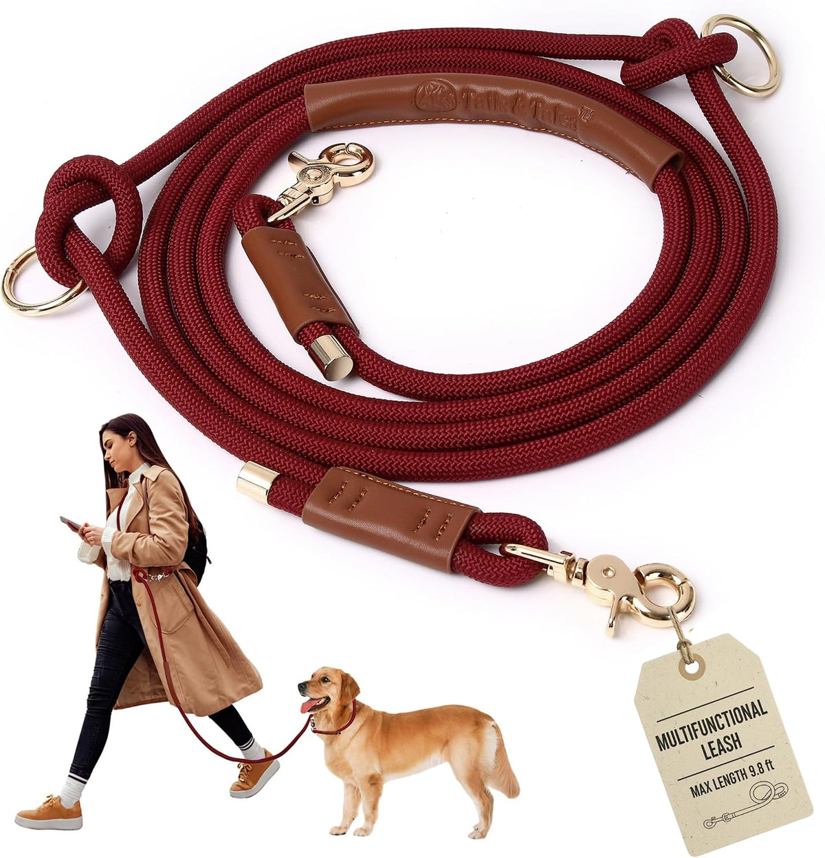 Hands Free Multifunctional Dog Leash for 1 or 2 Dogs - Winery Red