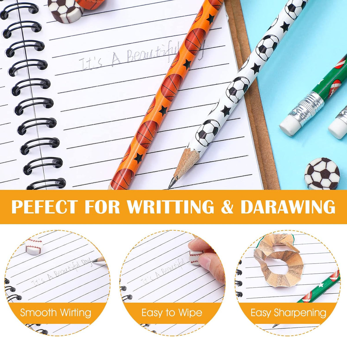 Tinlade 72 Pcs Sports Pencils and Erasers for Boys, Party Favors – Fun for Kids & Family - Sports - image 2