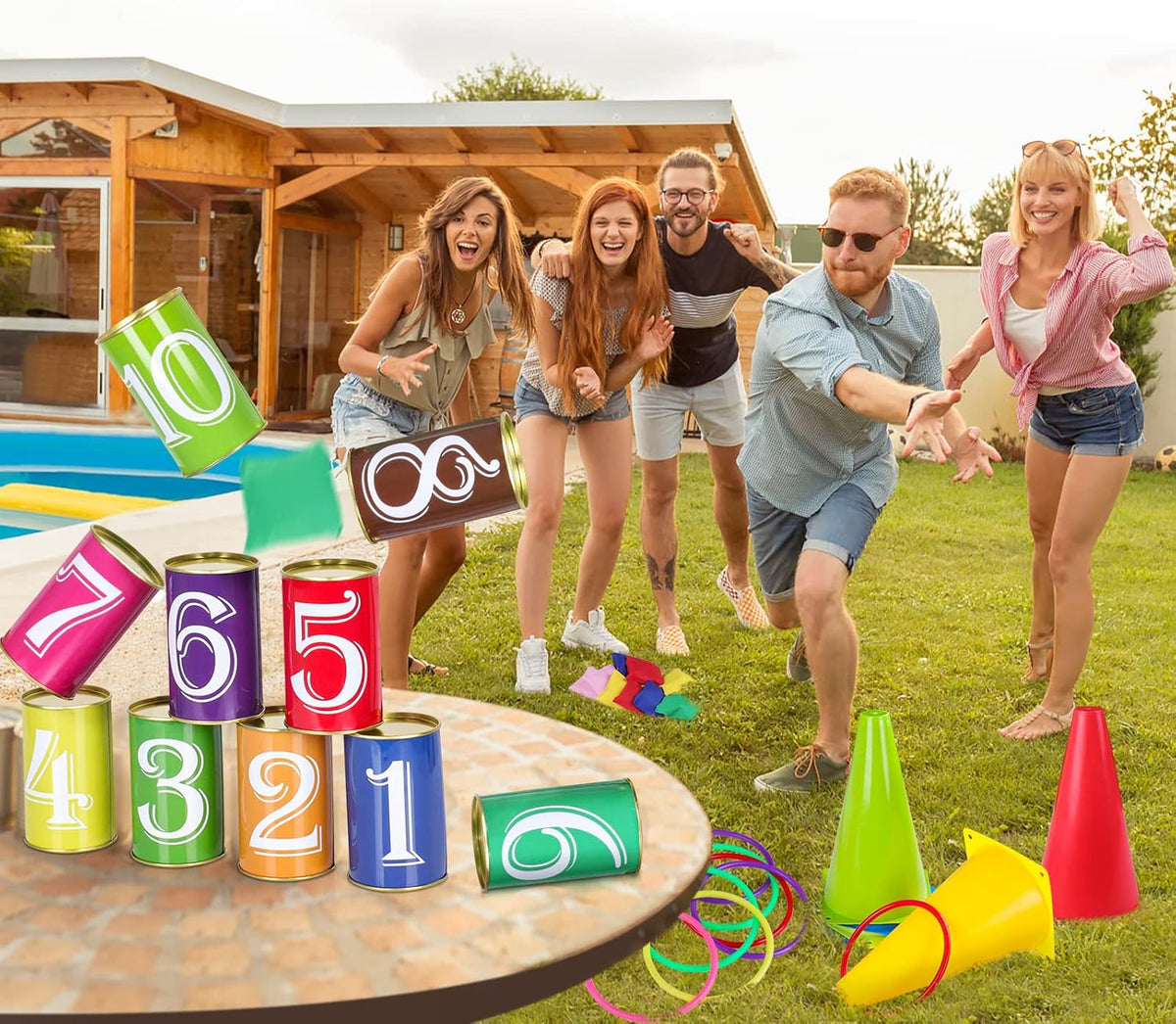 Hxezoc 36 piece carnival games set with cones, tin cans, bean bags and rings - view 2