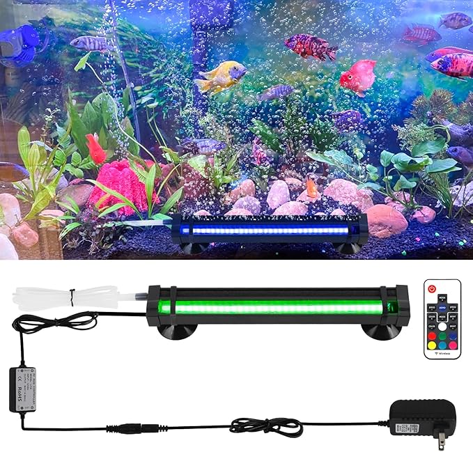 Submersible Bubble Aquarium Light：RGB Aquarium Light with Remote Control Oxygenator for Saltwater Coral Growth - 9 Inch Waterproof Fish Tank Light Designed for Aquarium Breeders