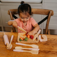 ZICOTO wooden kids cooking and baking set with knives, rolling pin, whisk and spatulas in sage - view 6