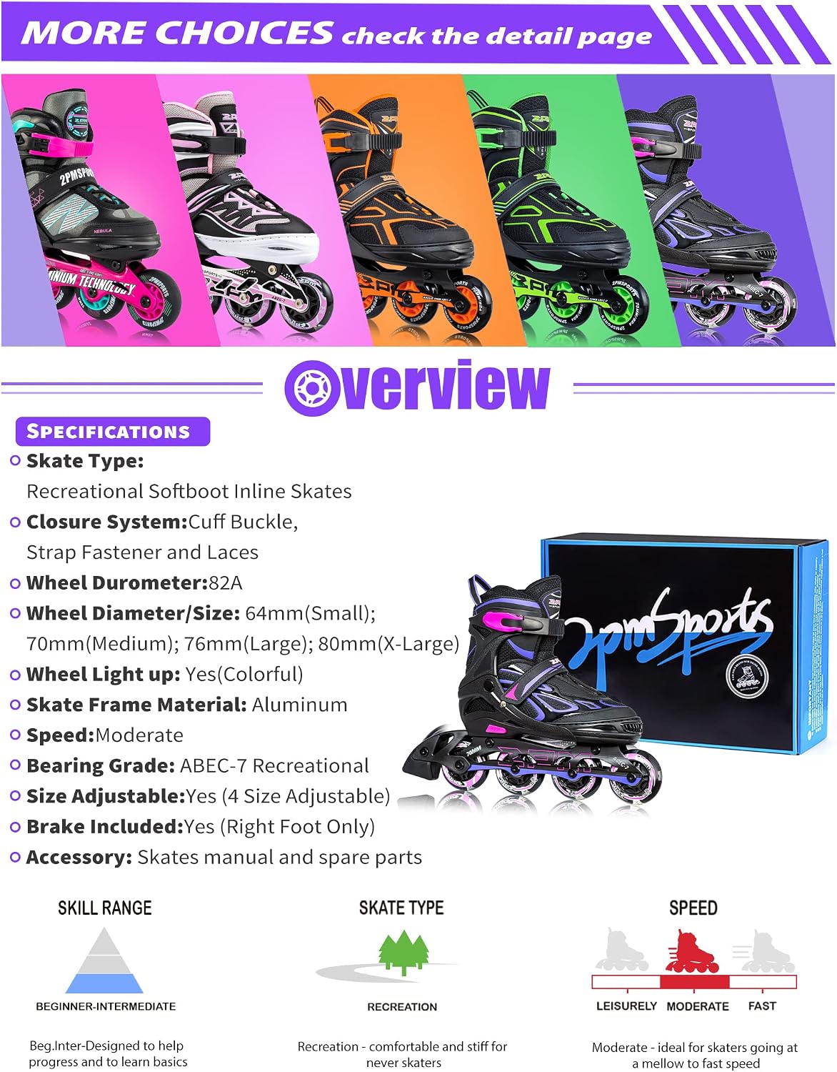 2PM SPORTS Adjustable Inline Skates for Kids, Youth and Adults - Violet & Magenta / Large - Youth (4.5-8 US) - image 3