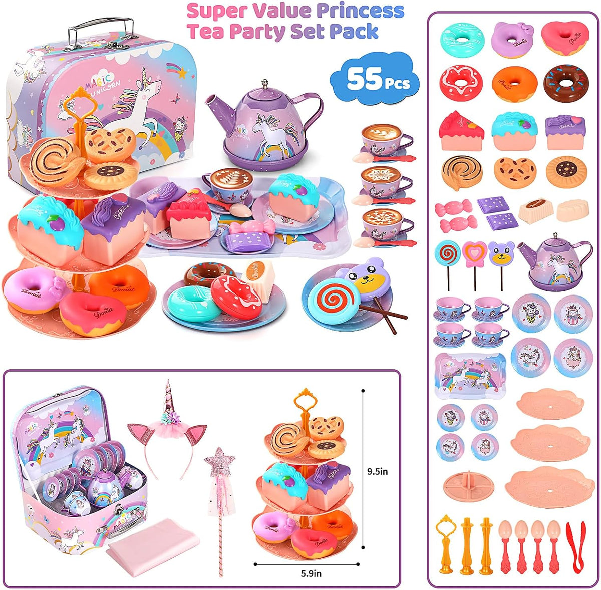Quiet Flower 55 piece unicorn tea party set with teapot, cups, cake stand and storage box - view 2