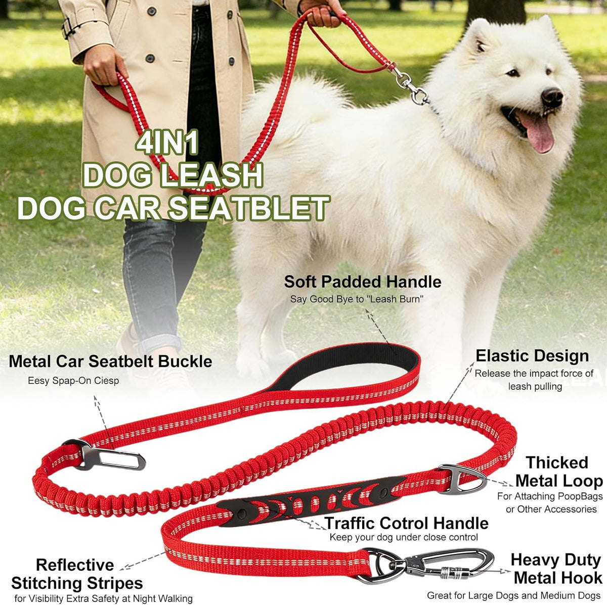 Dog Leash Heavy Duty, Bungee Leash Reflective Car Seat Belt for Dogs Brown – Essentials for Dogs - Red - image 3