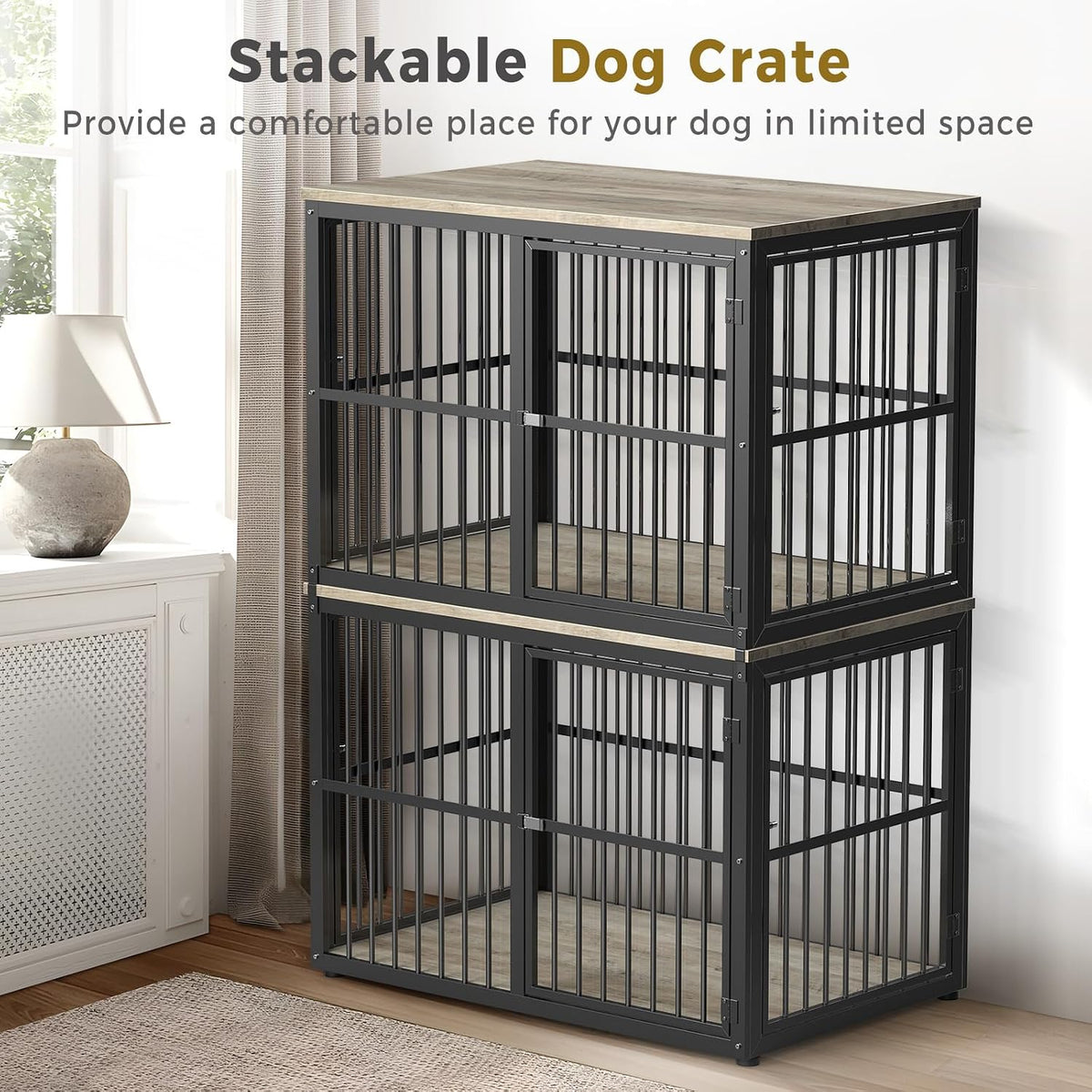 Lyromix 86.62'' Dog Crate Furniture Large Breed TV Stand, Grey – Essentials for Dogs - Ancient gray / 43.3"L x 29.9"W x 66.1"H / Stackable Crate - image 3
