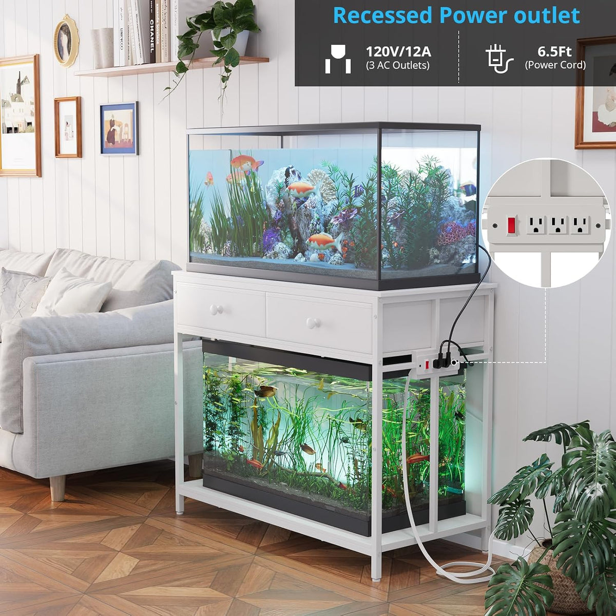 VOWNER 40 Gallon Aquarium Stand with Power Outlet & Cabinet Storage - White / 39.4" L x 18.9" W x 31.5"H - image 3