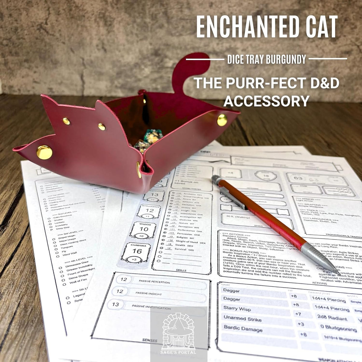 Sage's Portal brown cat-shaped foldable PU leather dice rolling tray - view 28