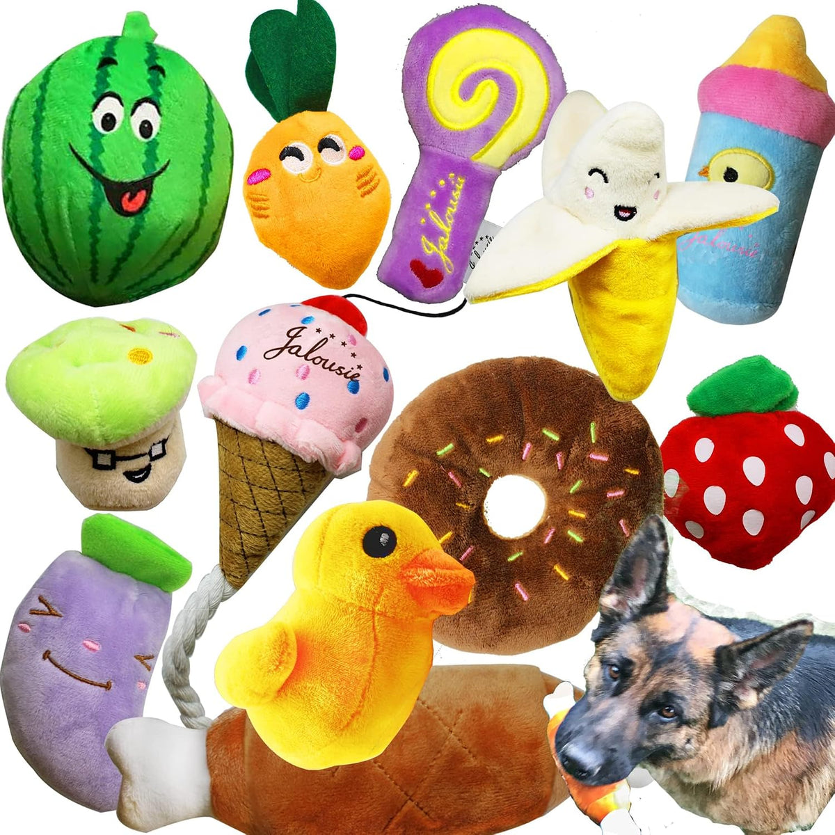 Jalousie 12 Pack Plush Animal Dog Toy - 12 Pack Premium