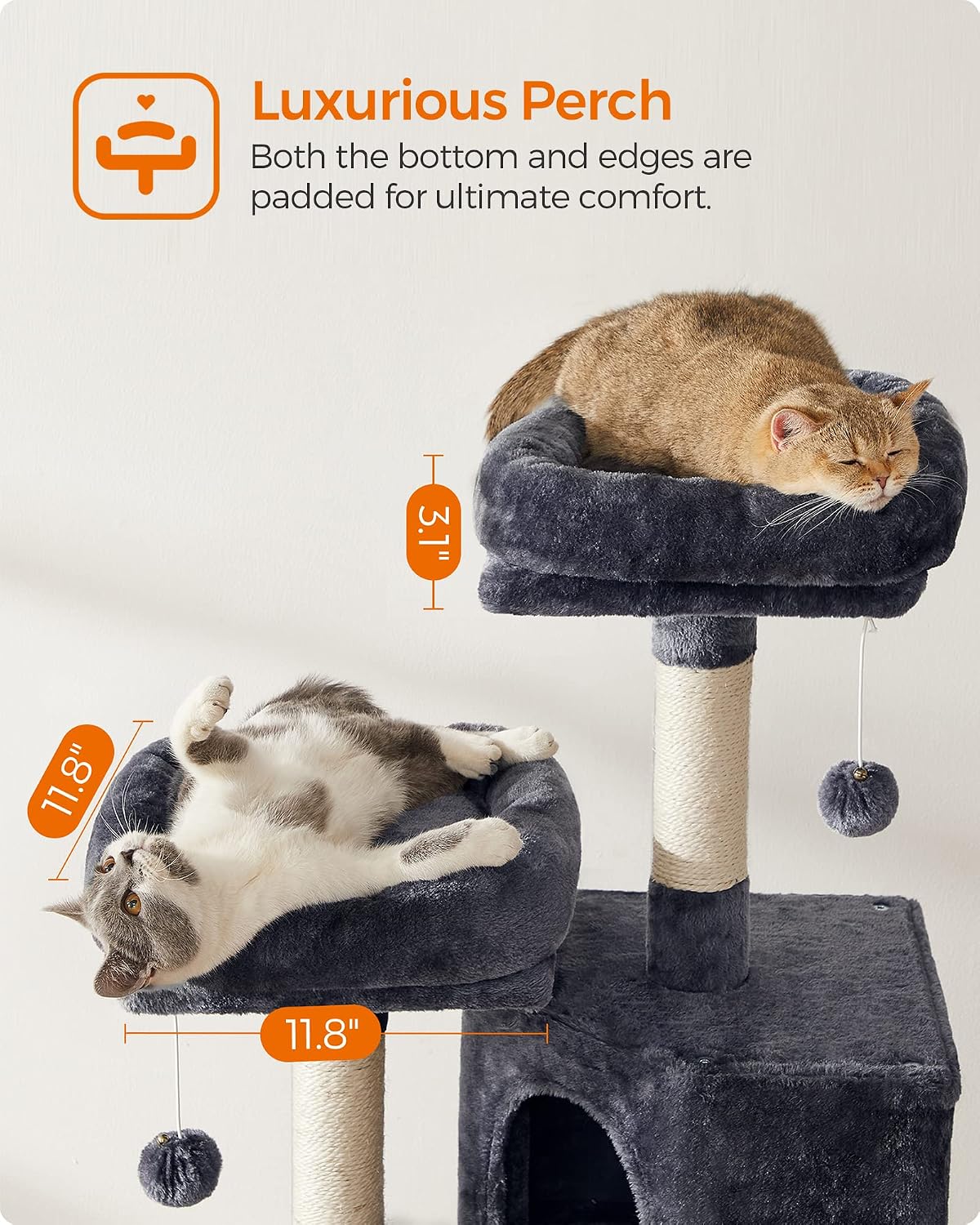 Feandrea Cat Tree, Plush Climbing Condo, Green - Smoky Gray - image 3