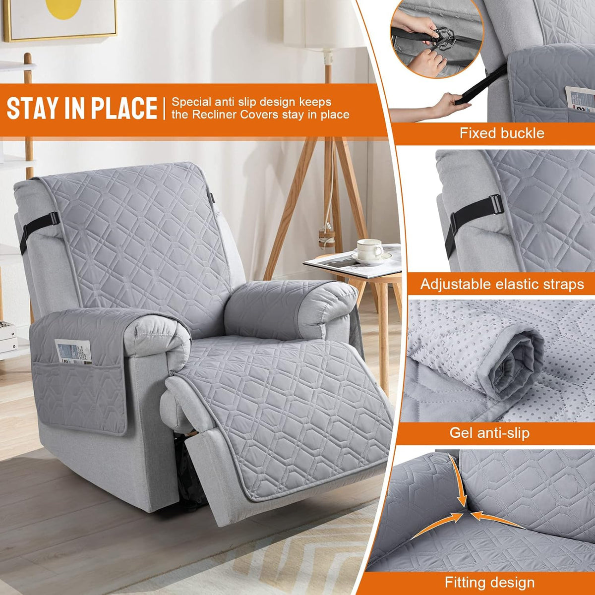 VANSOFY 100% Waterproof Recliner Chair Covers - Light Gray / 25" - image 3