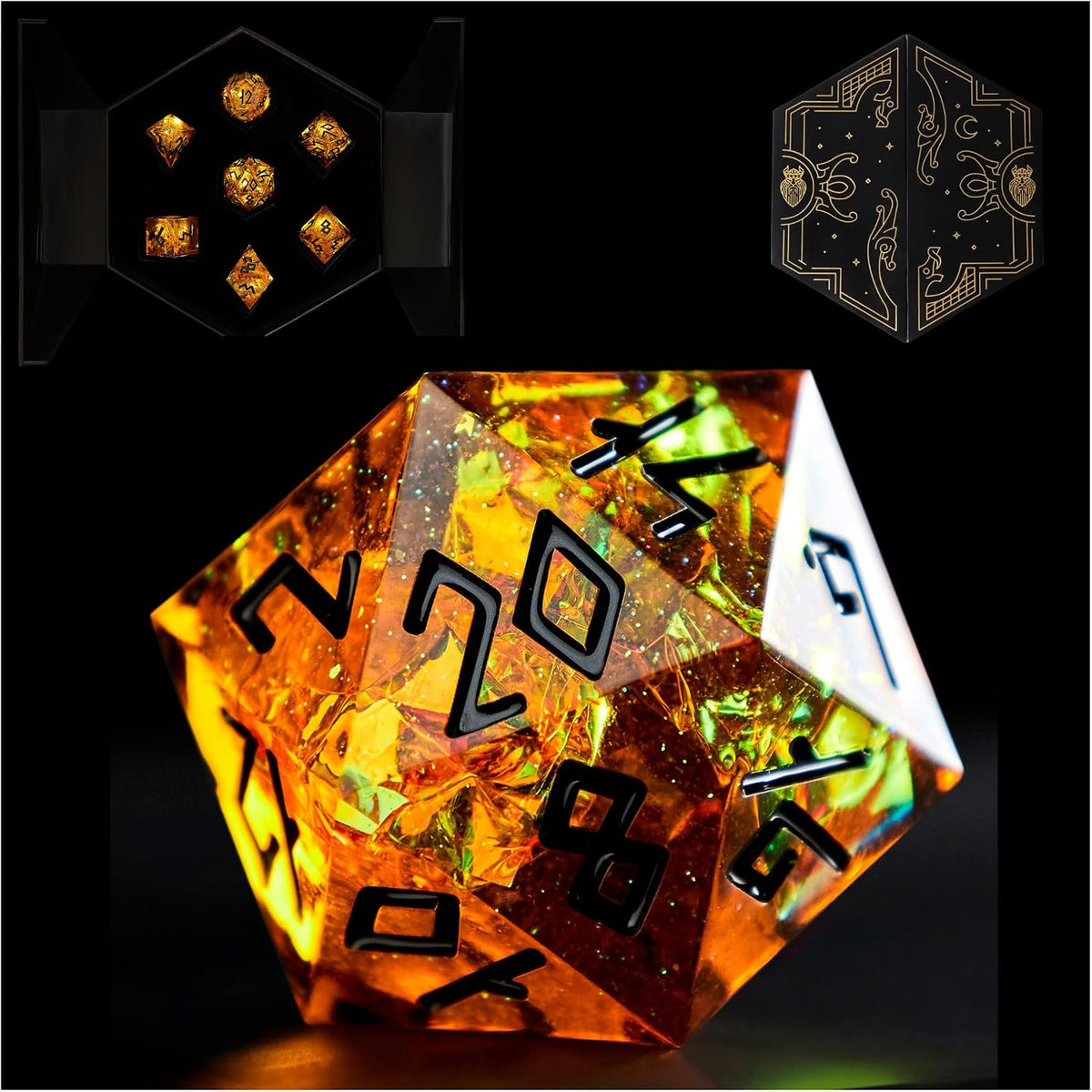 HEIMDALLR liquid core DND dice set in Fenrir's Shadow with glowing LED display box - view 4