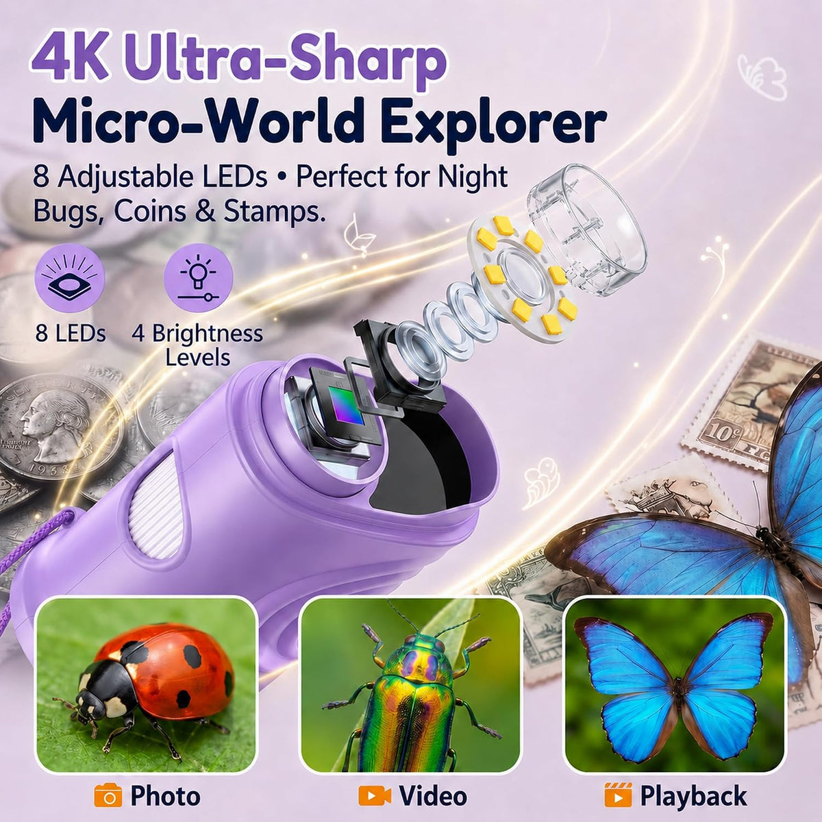 Kids Microscope, 4K 1000X Zoom, 2.4" Screen - Lavendel - image 3
