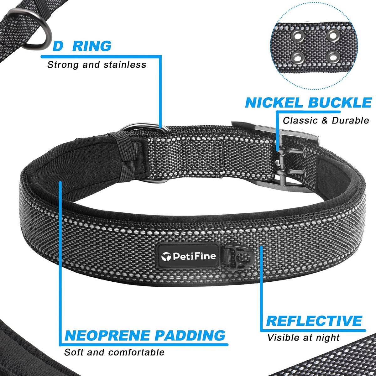 PetiFine Dog Collars for Medium Dogs - Black / X-Large (23"-27") - image 3