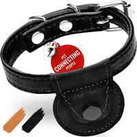 WAUDOG Leather Cat Collar with Bell Elastic Strap Stretchy Kitten - Deep Black / 8"- 12" With Holder