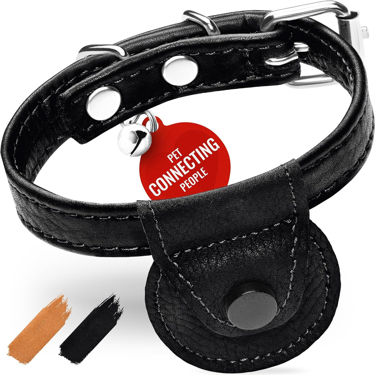 WAUDOG Leather Cat Collar with Bell Elastic Strap Stretchy Kitten - Deep Black / 8"- 12" With Holder