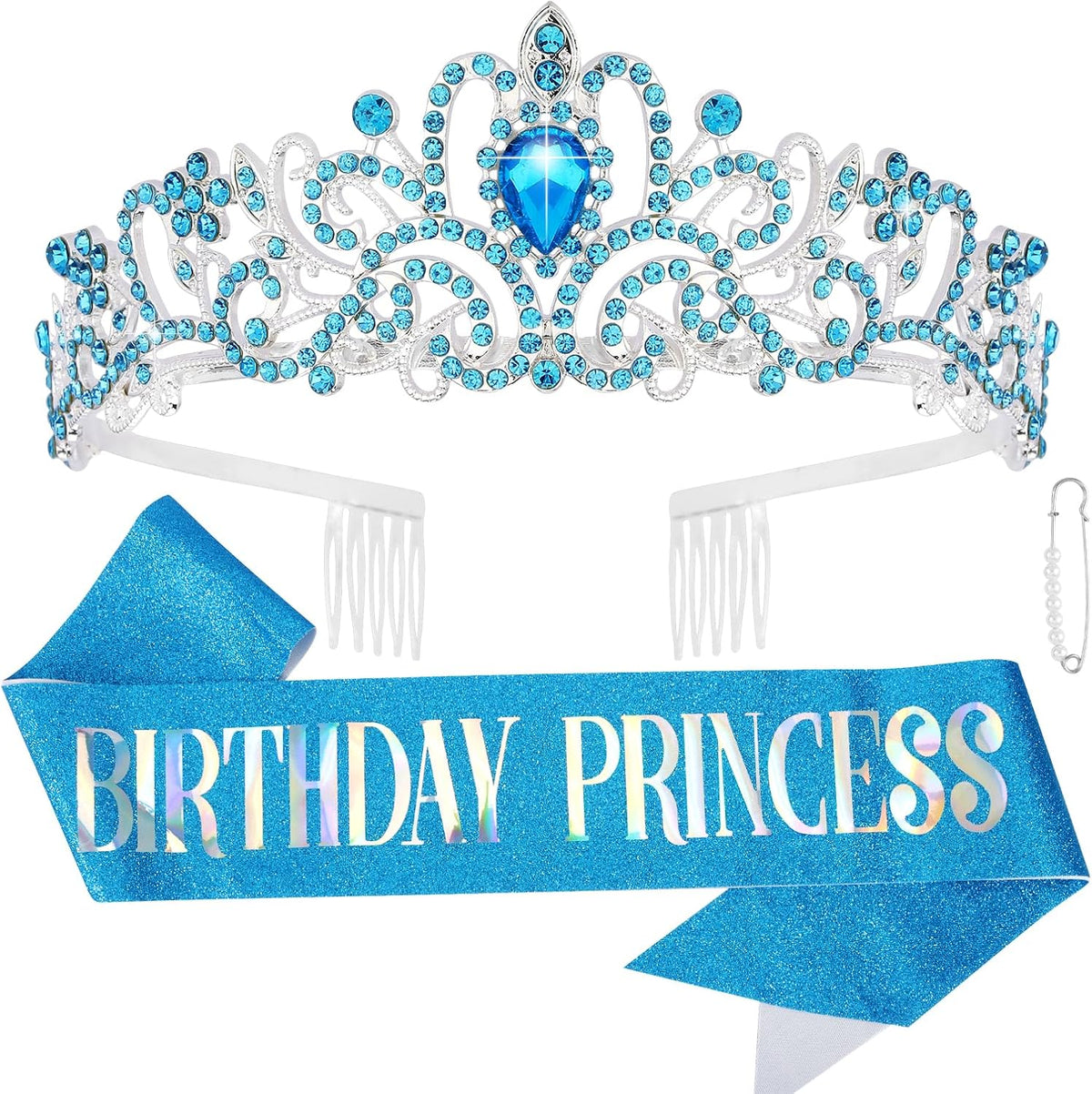 CIEHER Princess Crown and Birthday Sash Set - Blue