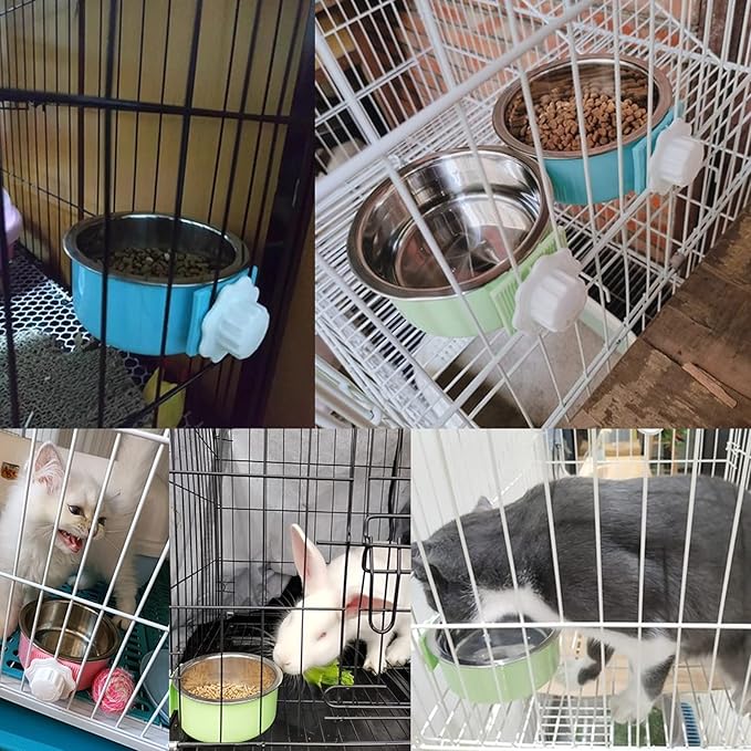 kathson Crate Dog Bowl, Removable Stainless Steel Hanging Pet Cage Bowl Food & Water Feeder Coop Cup for Cat, Puppy, Birds, Rats, Guinea Pigs 3pcs(Blue,Green,Pink)