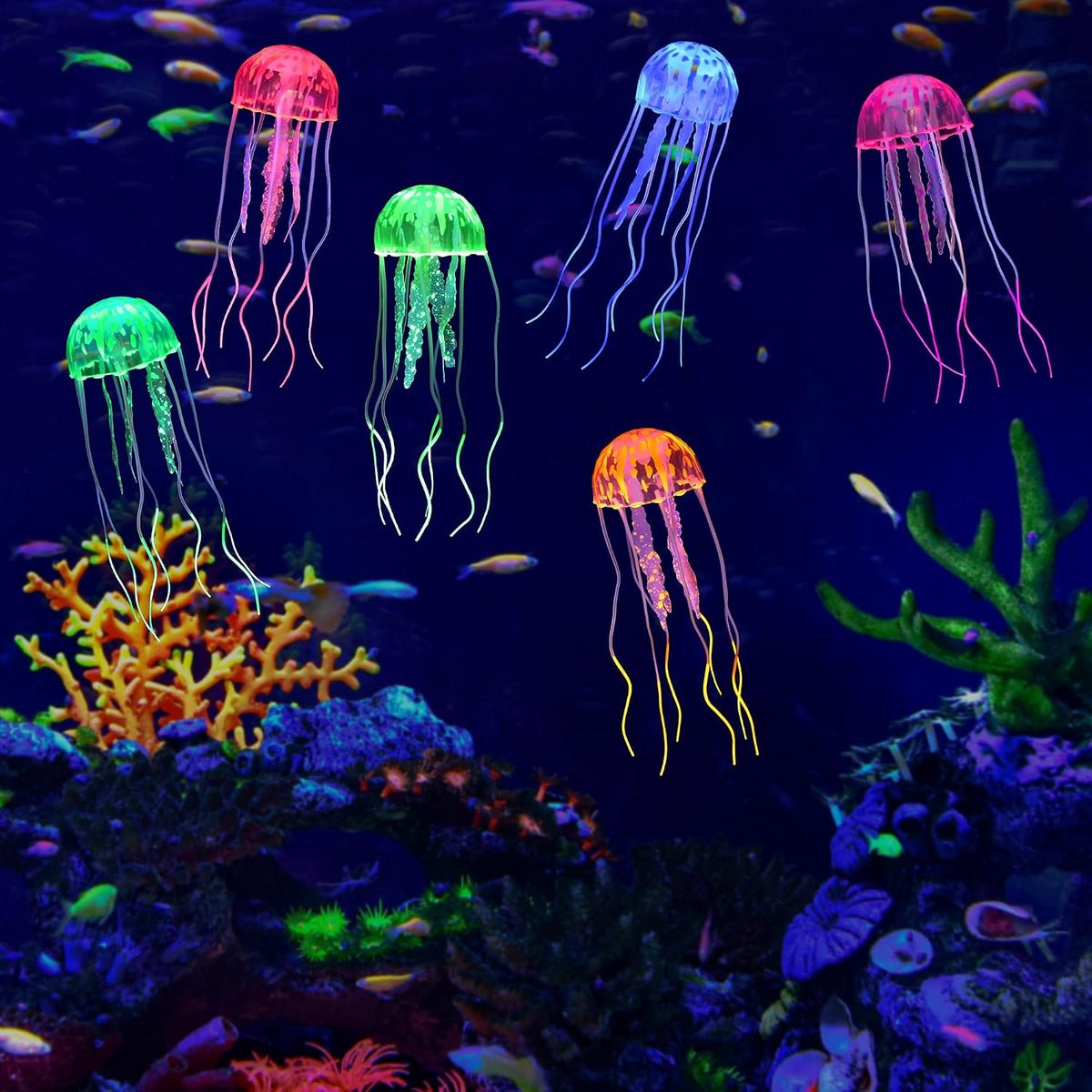 4 Pack Glow Aquarium Decorations Coral Reef Glowing Mushroom Anemone - 6 Colors Jellyfish