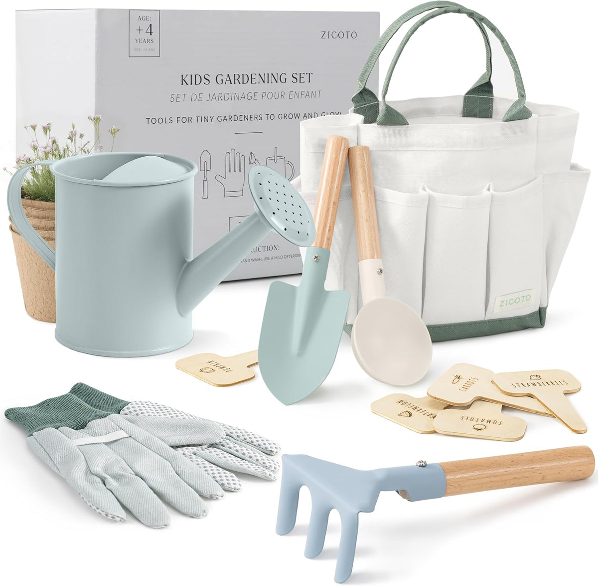 ZICOTO kids gardening set with watering can, rake, shovels, gloves, pots and tote - view 2
