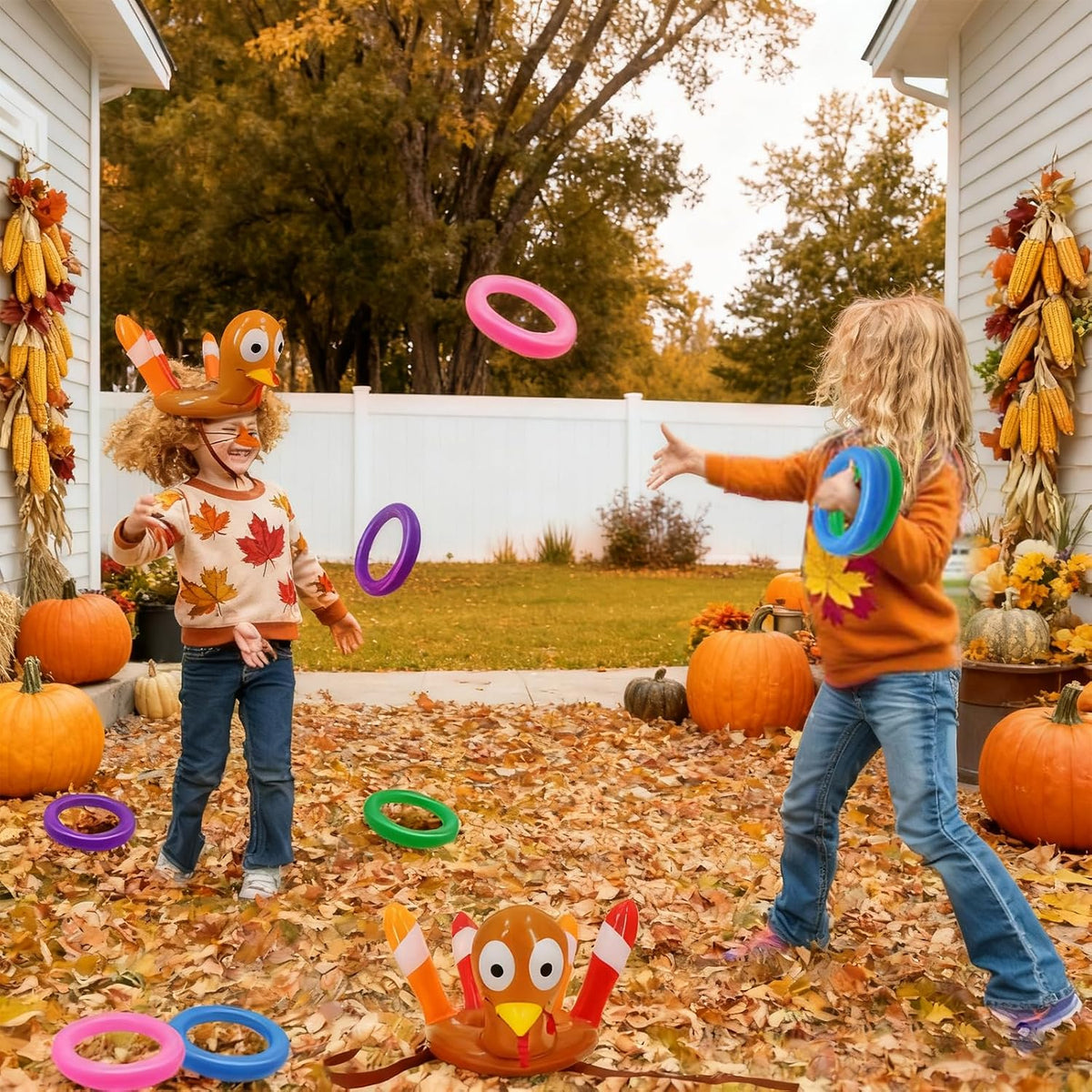 TURNMEON Thanksgiving ring toss game with 2 inflatable turkey hats and 8 colorful rings - view 4