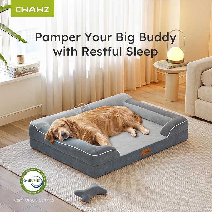 XXL Dog Bed for Extra Large Dogs, Giant Orthopedic Dog Beds with Cooling Gel Memory Foam, Waterproof Pet Bed with Removable Washable Cover, 53" Pet Sofa Bed Velvet with Bone Toy, Dark Gray