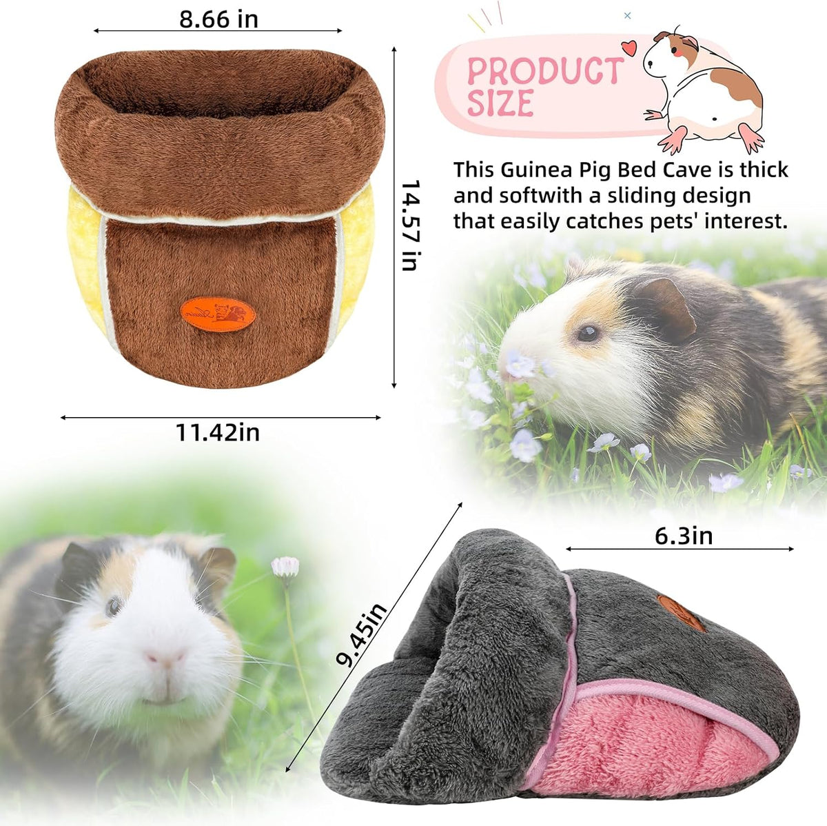 YUEPET Guinea Pig Bed Cuddle Cave, Warm Fleece Hideout - 2PCS(Grey+Brown) / 2PCS - image 3
