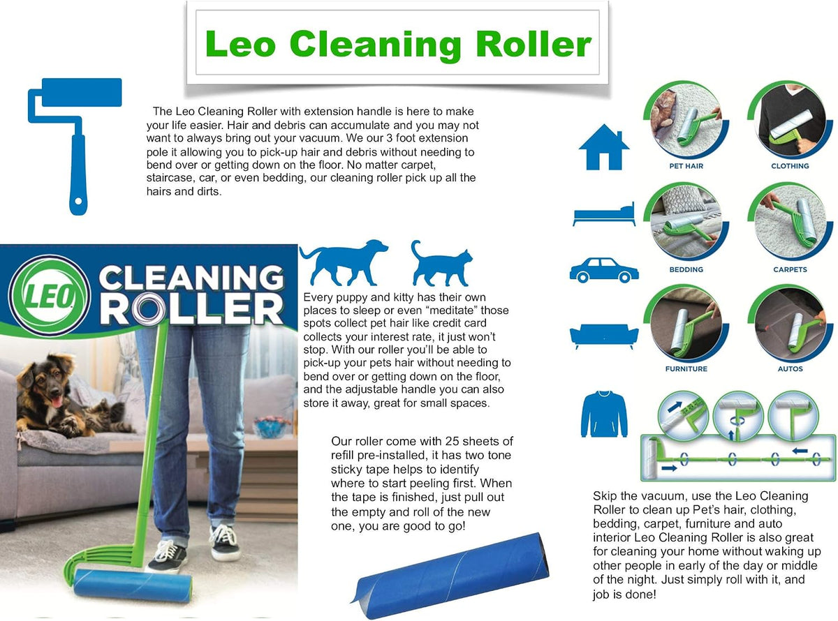 Leo Large 10-Inch Wide Lint Roller Refills 25 Sheets with extendable - image 4