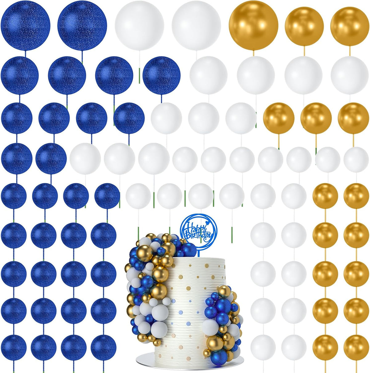 NACHLYNN 80 Pcs Cake Balls Decorations Mini Balloon Cake Topper Balls - Glitter Blue Gold White