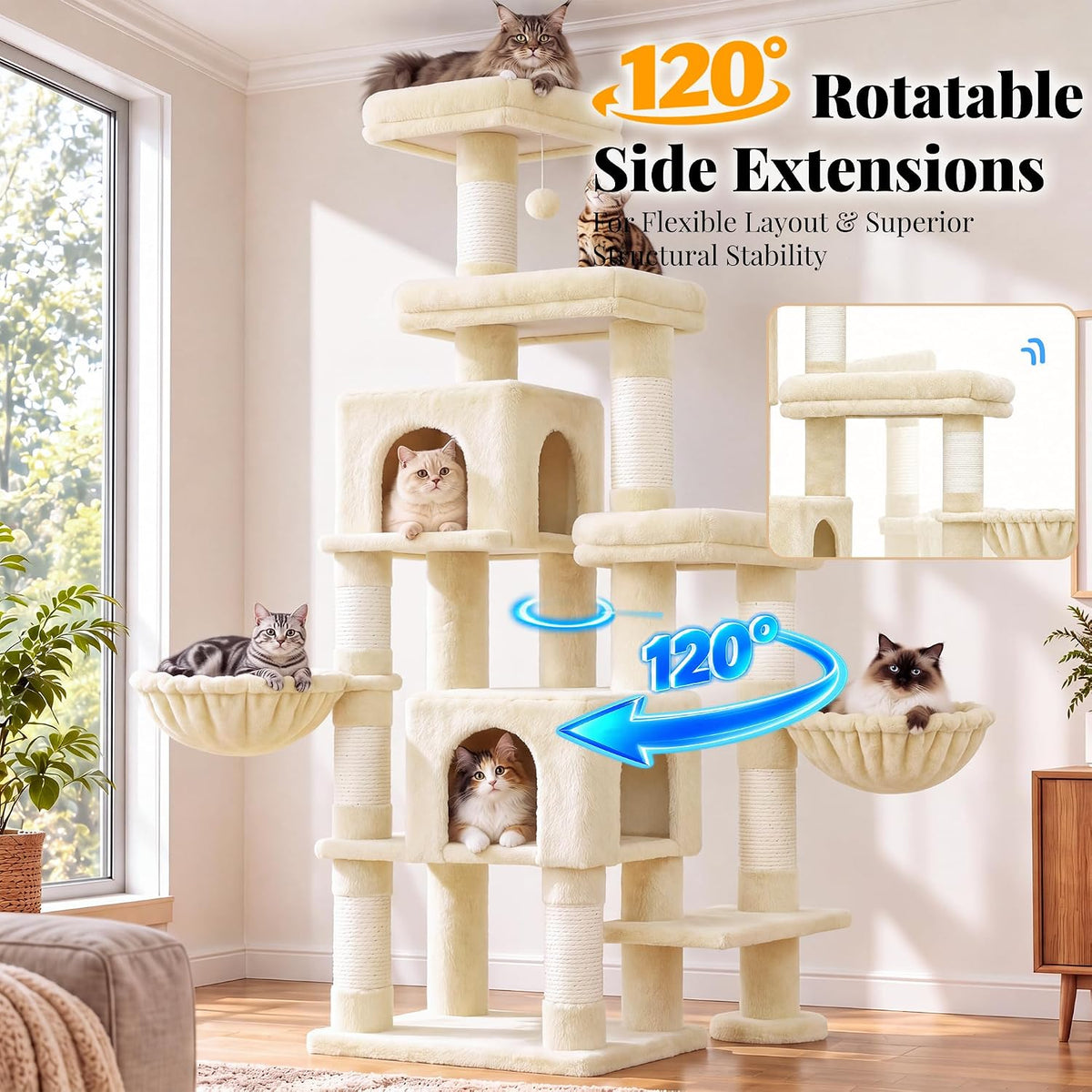 Hey-brother Cat Tree Tower with Stable Extended Base - Beige - image 3