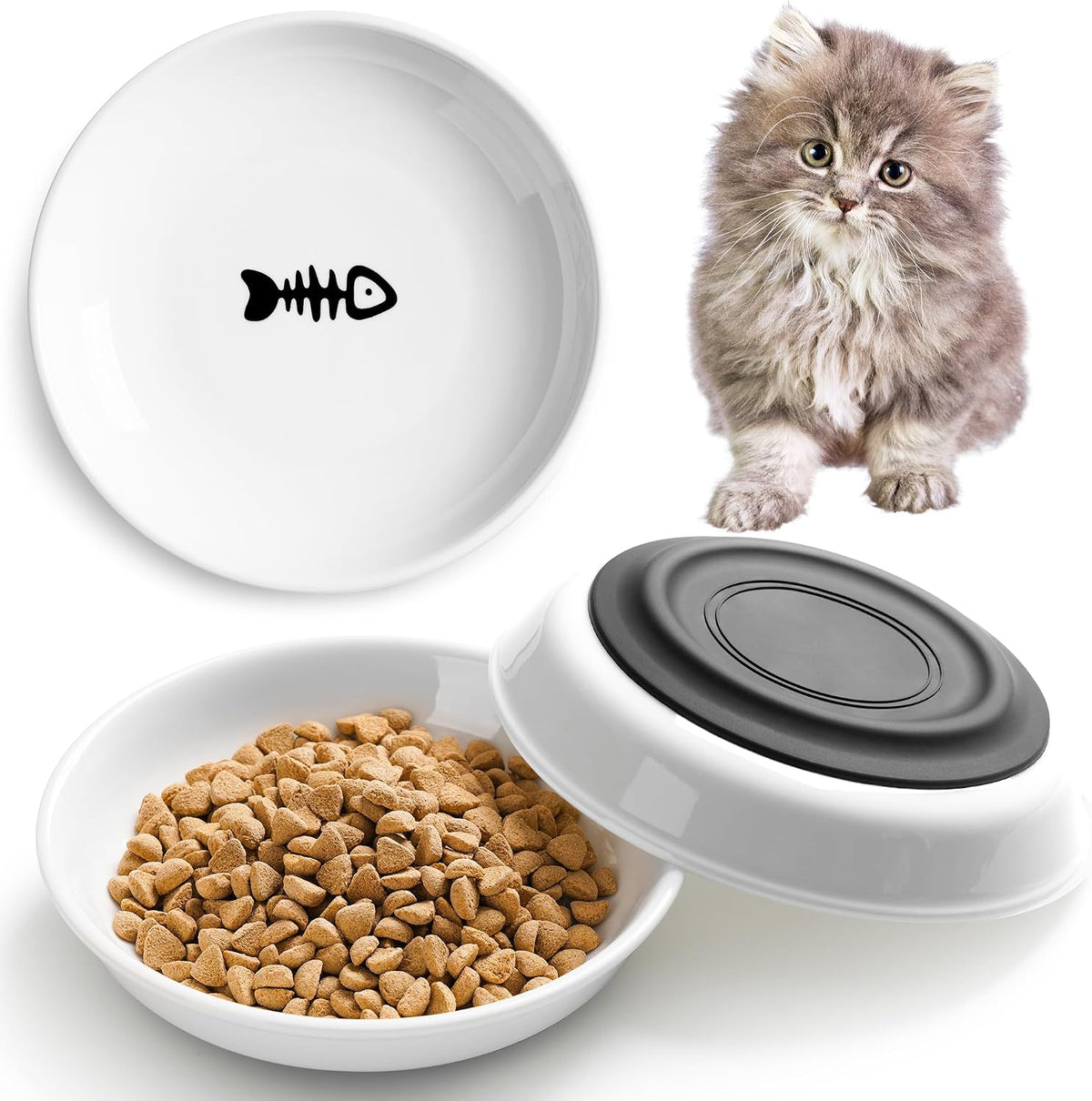 Cat Food Bowl, Whisker Friendly Ceramic Cat Bowls with Nonslip Silicone Bottom, Pack of 3 Quiet - Fishbone Deep 3 Pack