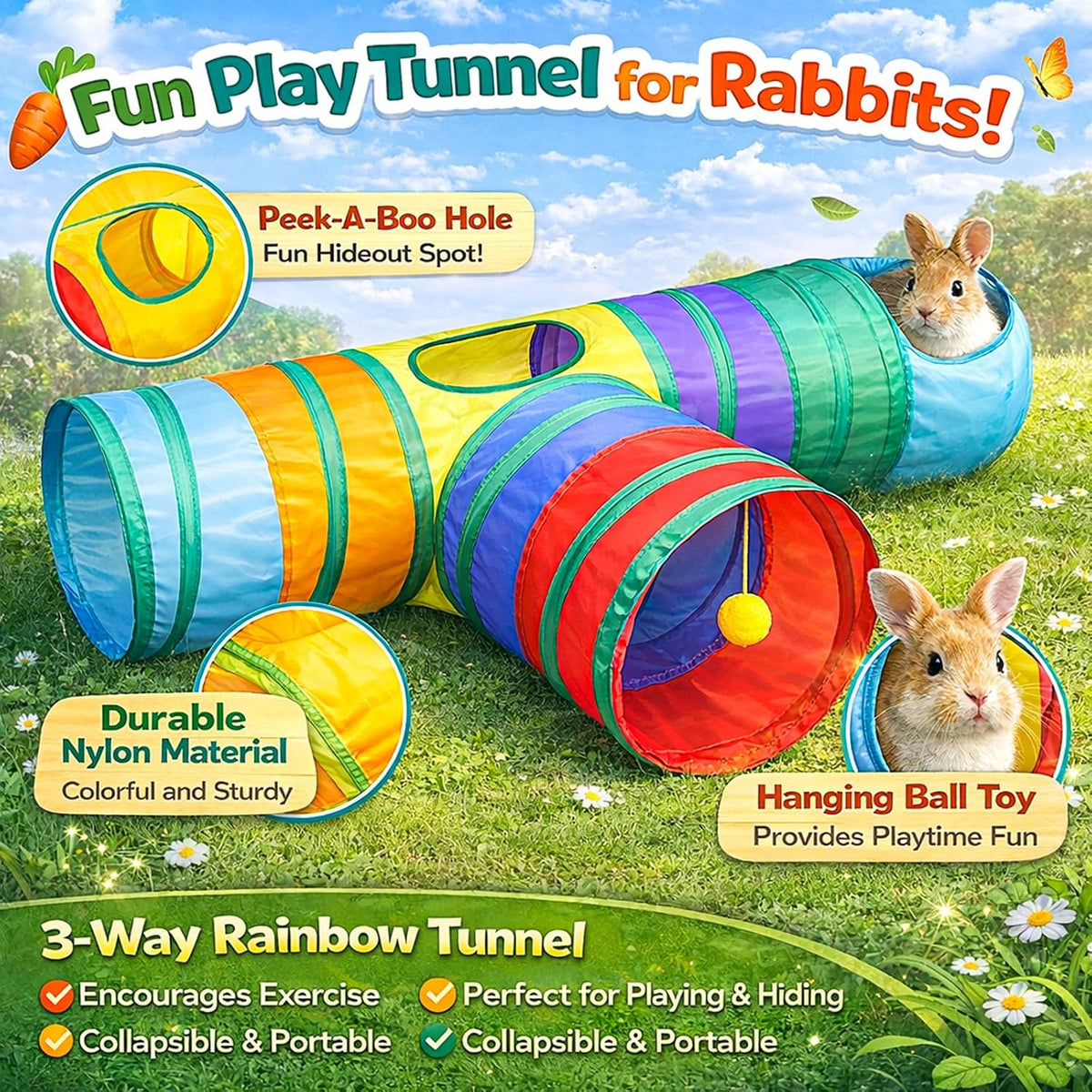 Mechpia Rabbit Toys, 3 Way Buuny Hideout Foldable Rabbit Tunnel and Tubes for Rabbit Guinea Pig - image 2