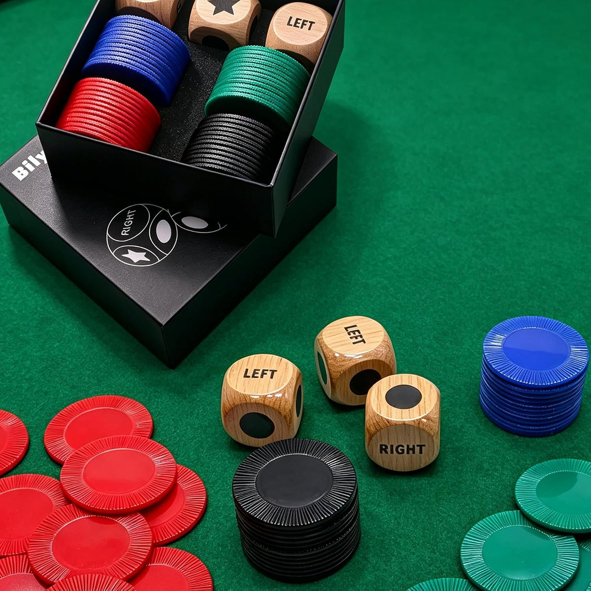 Bilywey 3pcs Left Right Game Dice 1 inch Beech Wood Dices - 3 dice + 48 Colorful Chips - image 2