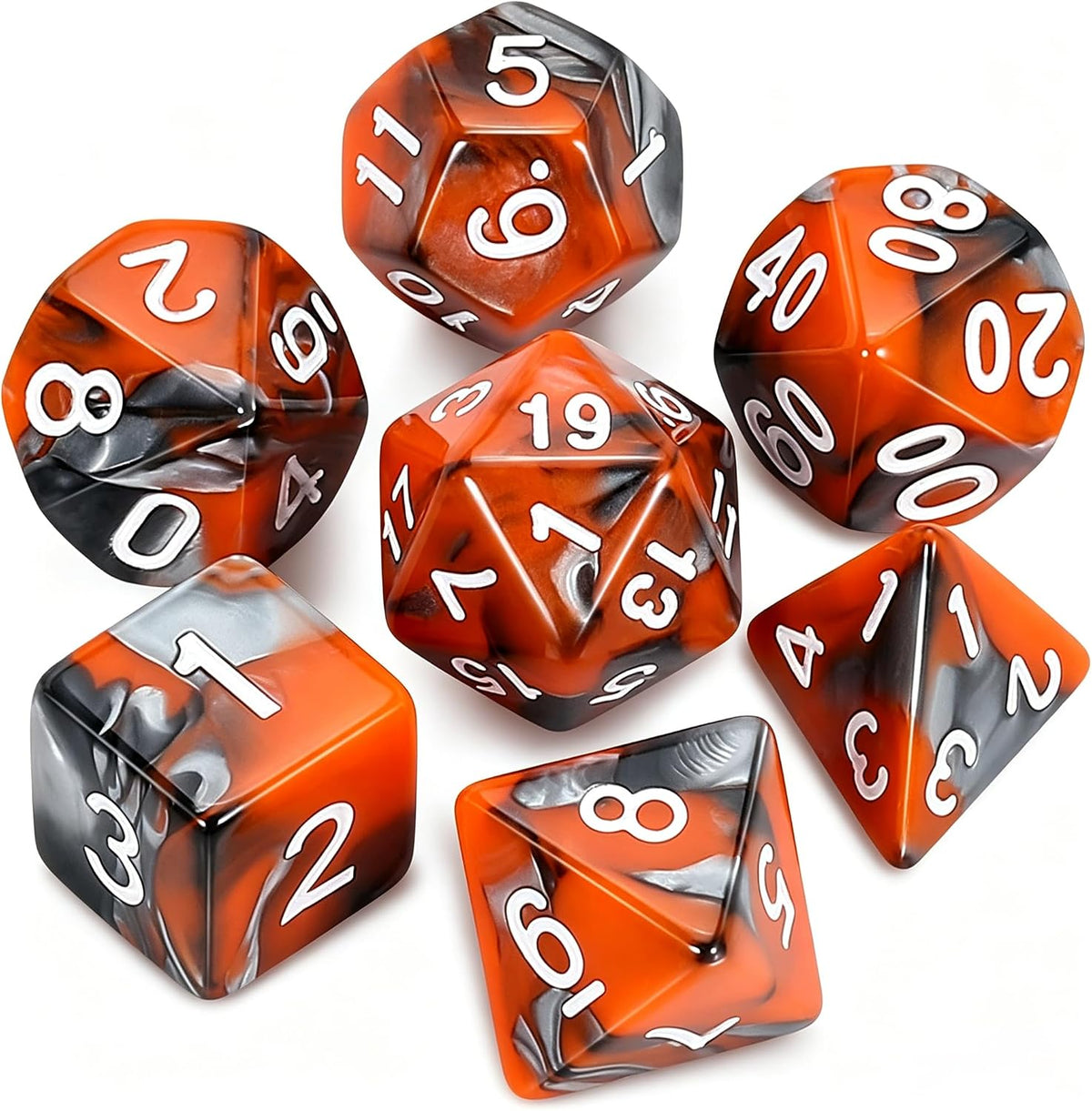 QMAY DND Dice Set - 7Pcs Blue Mix White Polyhedral Dice with Black Dice Bag – Fun for Kids & Family - Candy Orange and Black