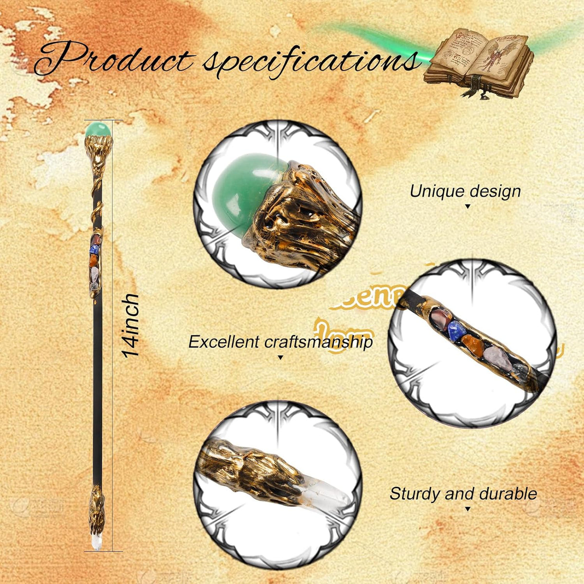 Rich Boxer handcrafted crystal magic wand in wood with gemstone accents, 13.5 inches - view 2