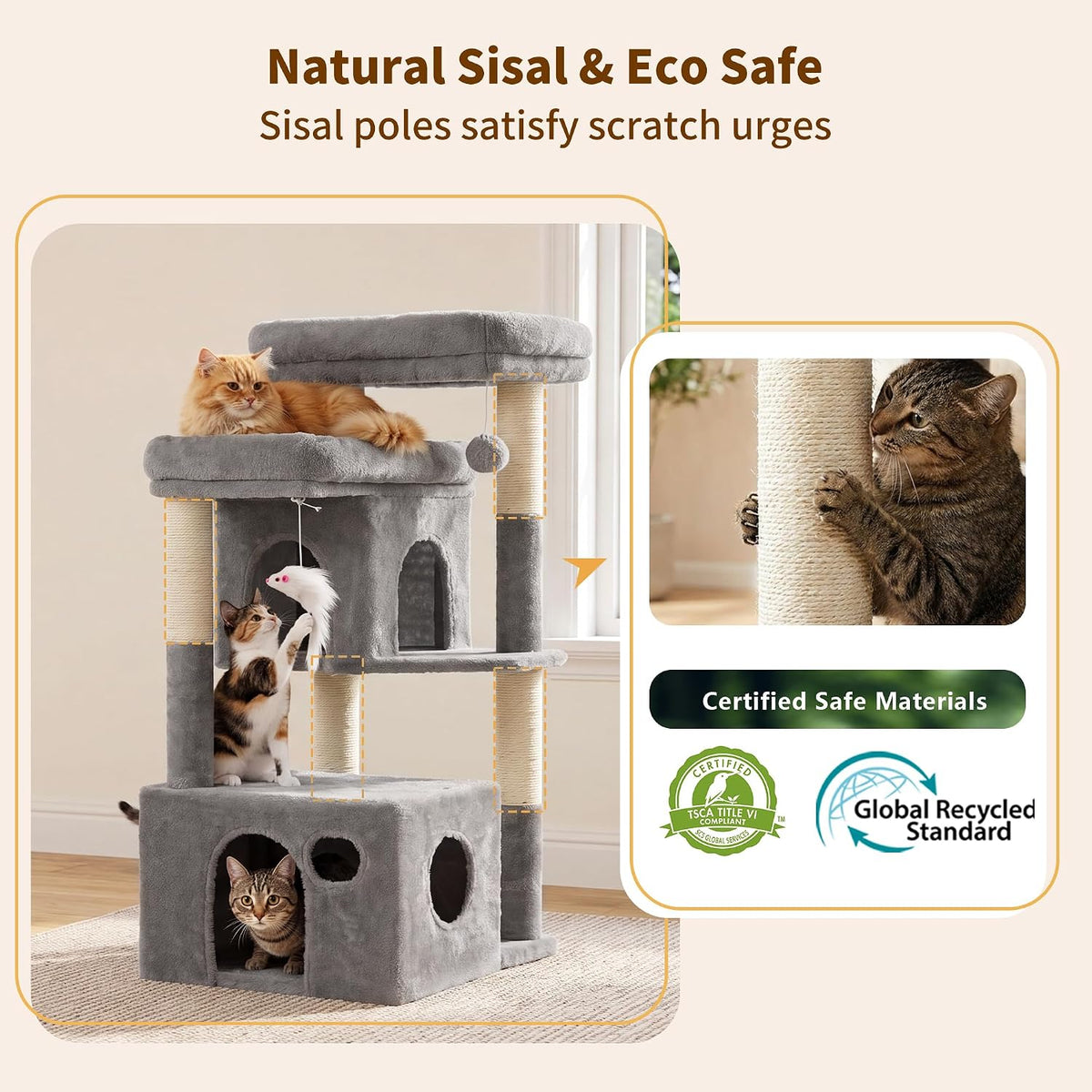Heybly 34.6" Cat Tree Anti-Tipping Floor Cat Condo for Kittens - Light Gray / 34.6 inch - image 4
