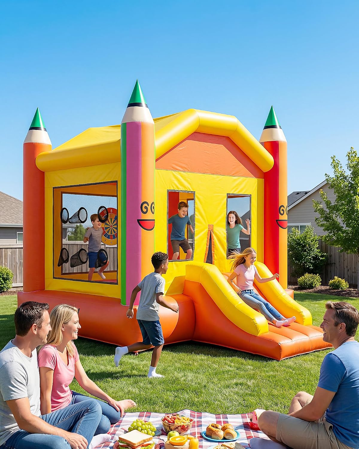 NBSPORT white bounce house with slide, ball pit and mesh walls - view 3