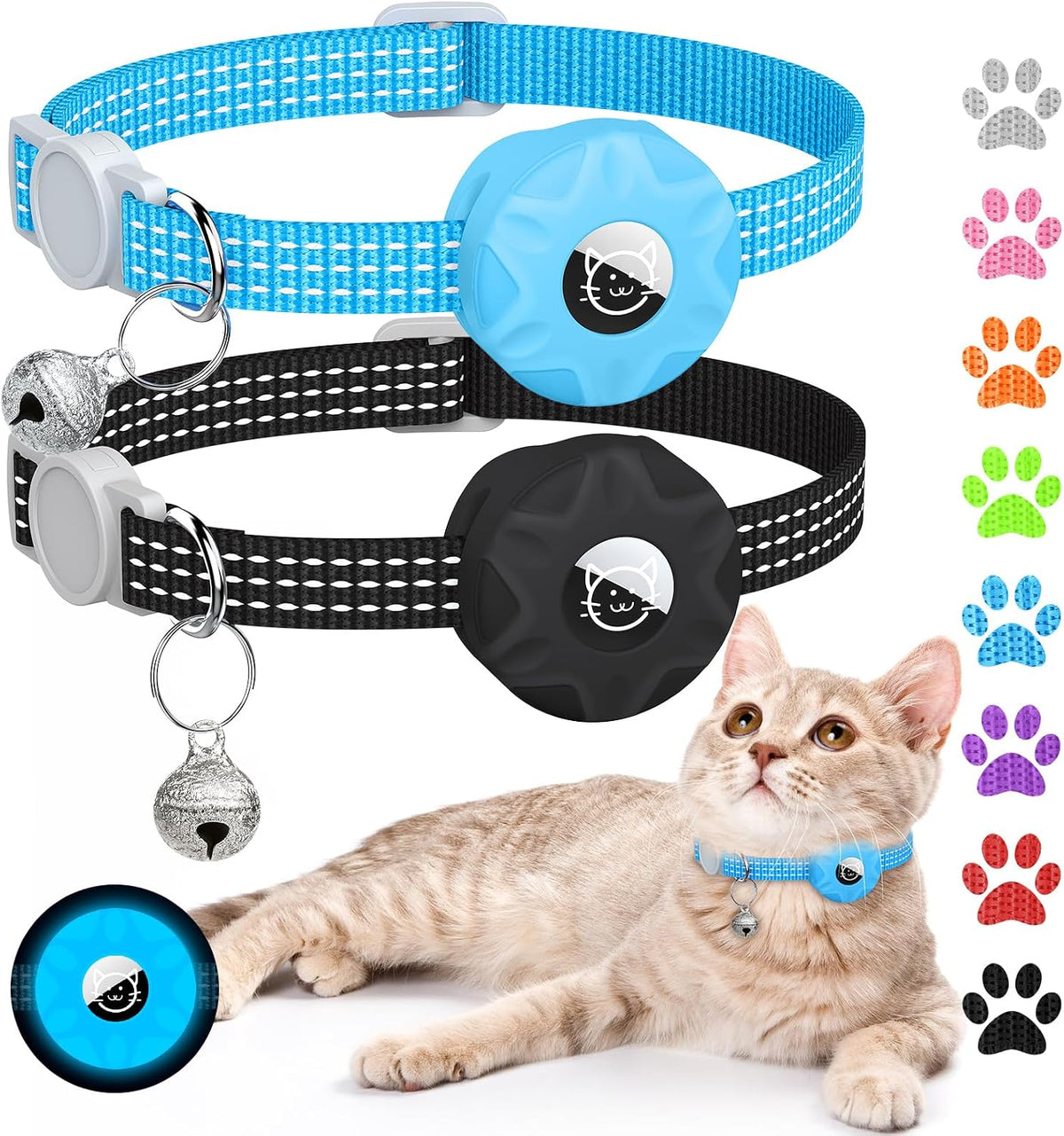 AirTag Cat Collar, Reflective Kitten Collar Breakaway – Essentials for Cats - Black/Luminous Blue