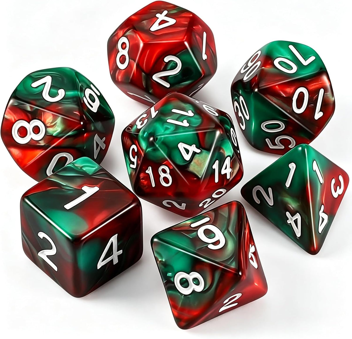 QMAY DND Dice Set - 7Pcs Blue Mix White Polyhedral Dice with Black Dice Bag – Fun for Kids & Family - Red and Green